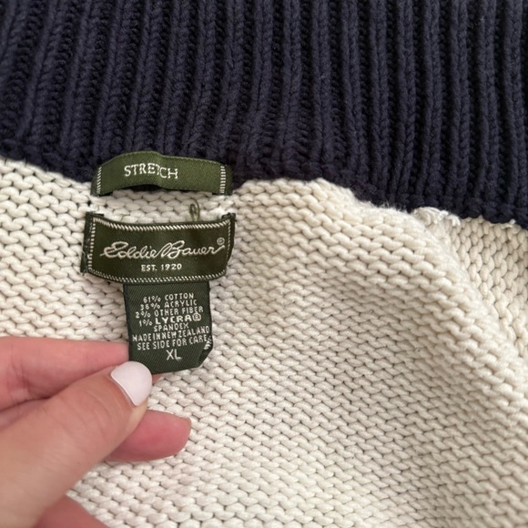 Eddie Bauer Men’s XL Zip Cardigan Sweater Navy Cream Colorblock Full Zip Vintage - Picture 7 of 8